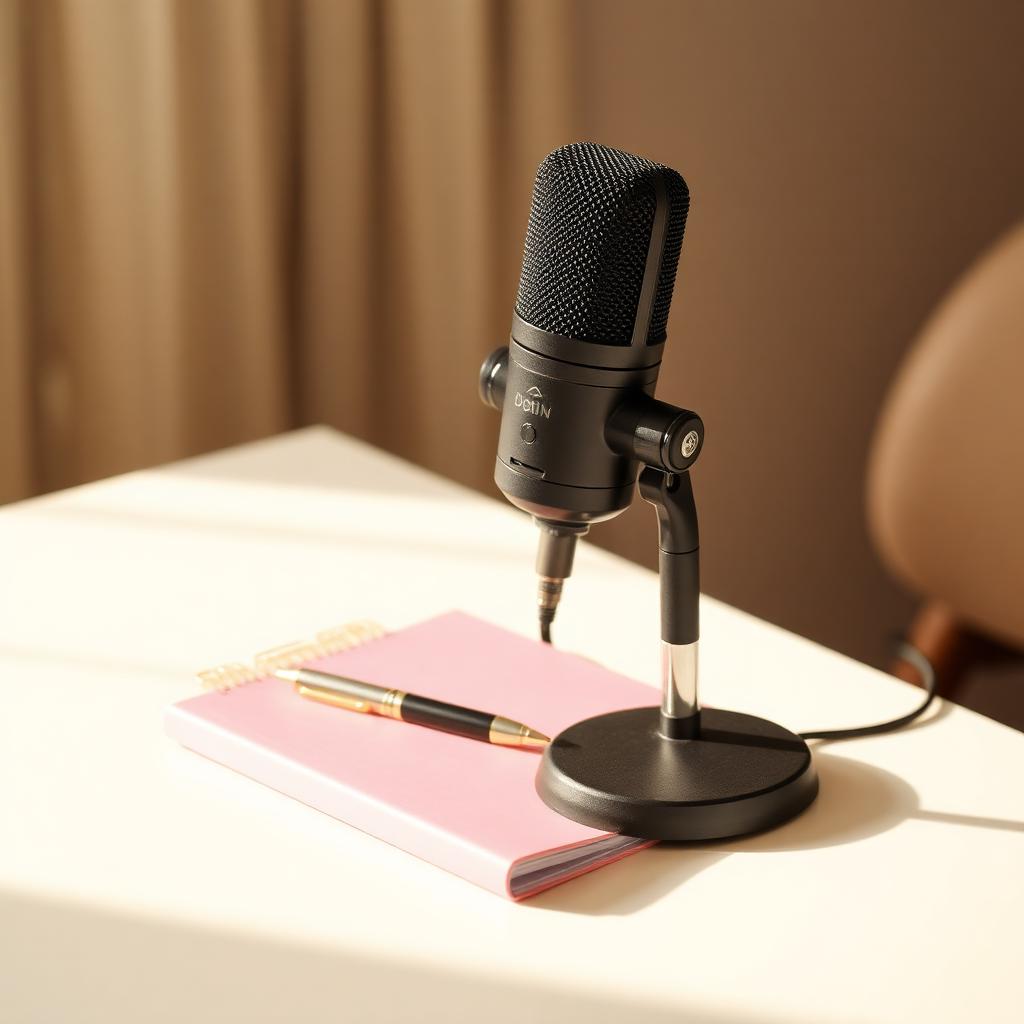 Studio microphone and pink notebook