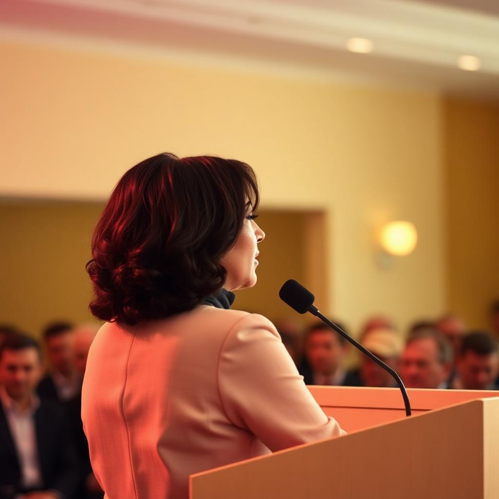 Speaking at a podium