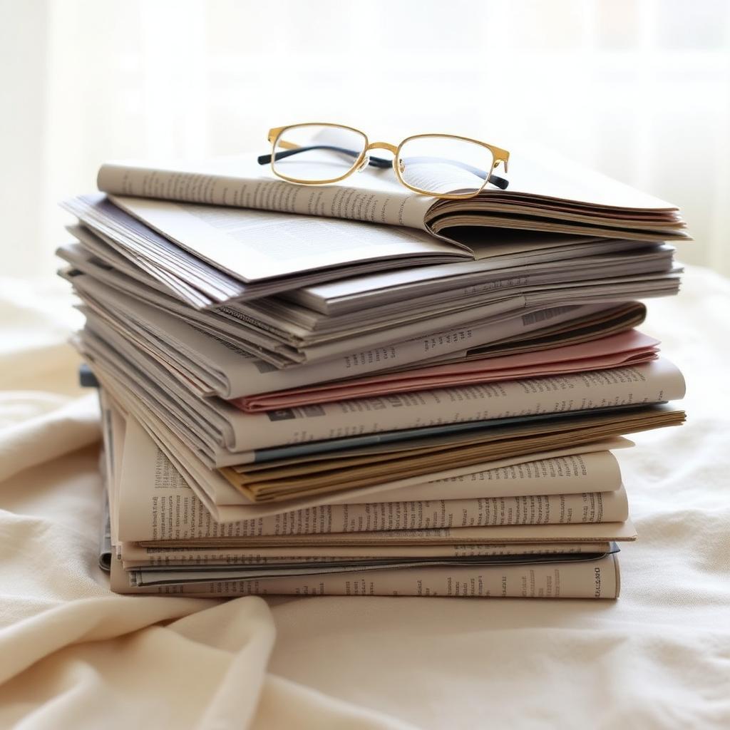 Stack of newspapers with gold reading glasses